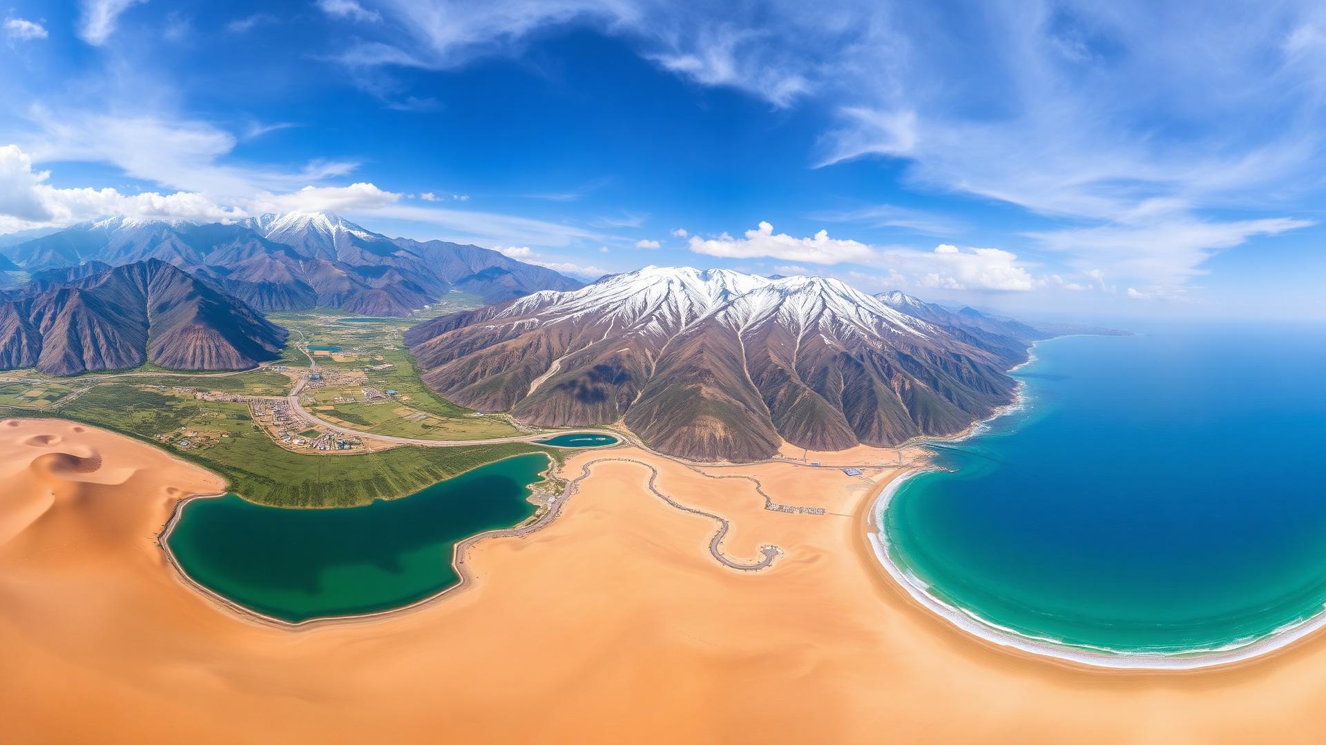 Aerial view of Pakistan landscape, Karakoram peaks, valleys, desert and Arabian Sea coastline