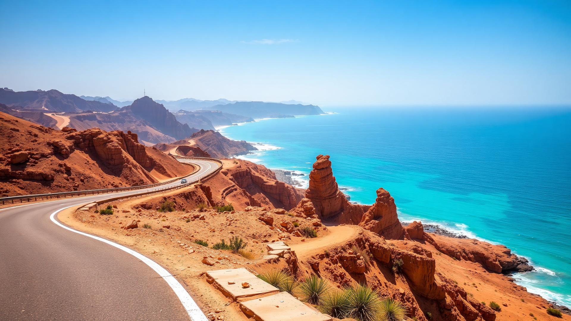 Makran Coastal Highway curving between red sandstone cliffs and turquoise Arabian Sea