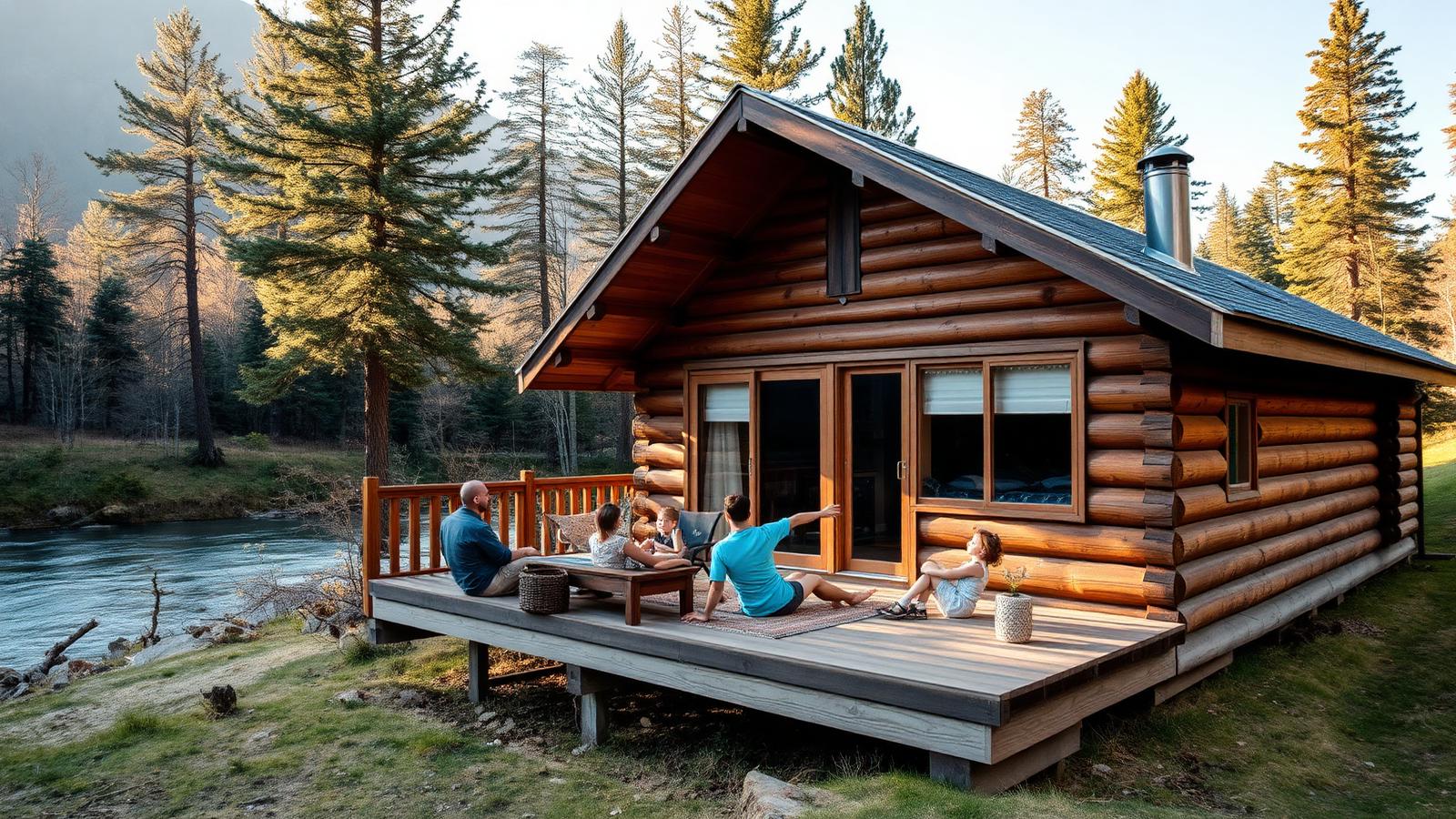 Riverside wooden cabin lodge in Swat Valley with a family relaxing on the deck under pine trees