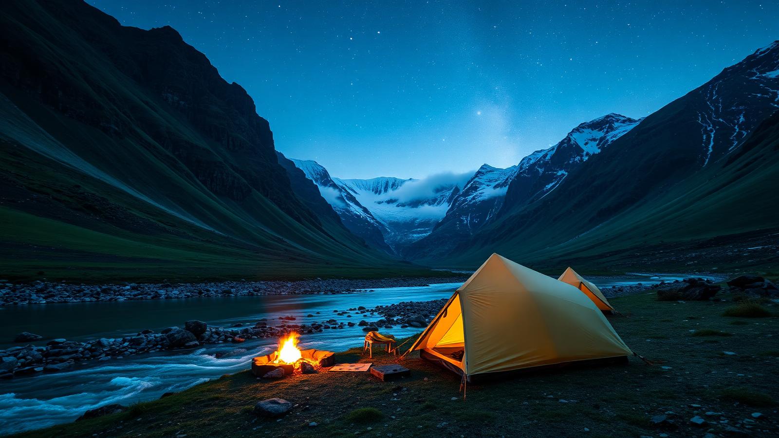 Camping trip in Pakistan with tents under mountain sky