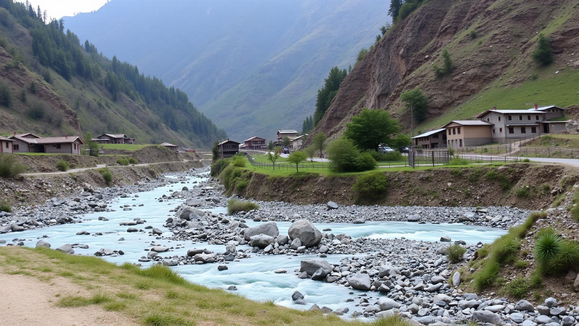 Garam Chashma valley with river and mountains near Chitral