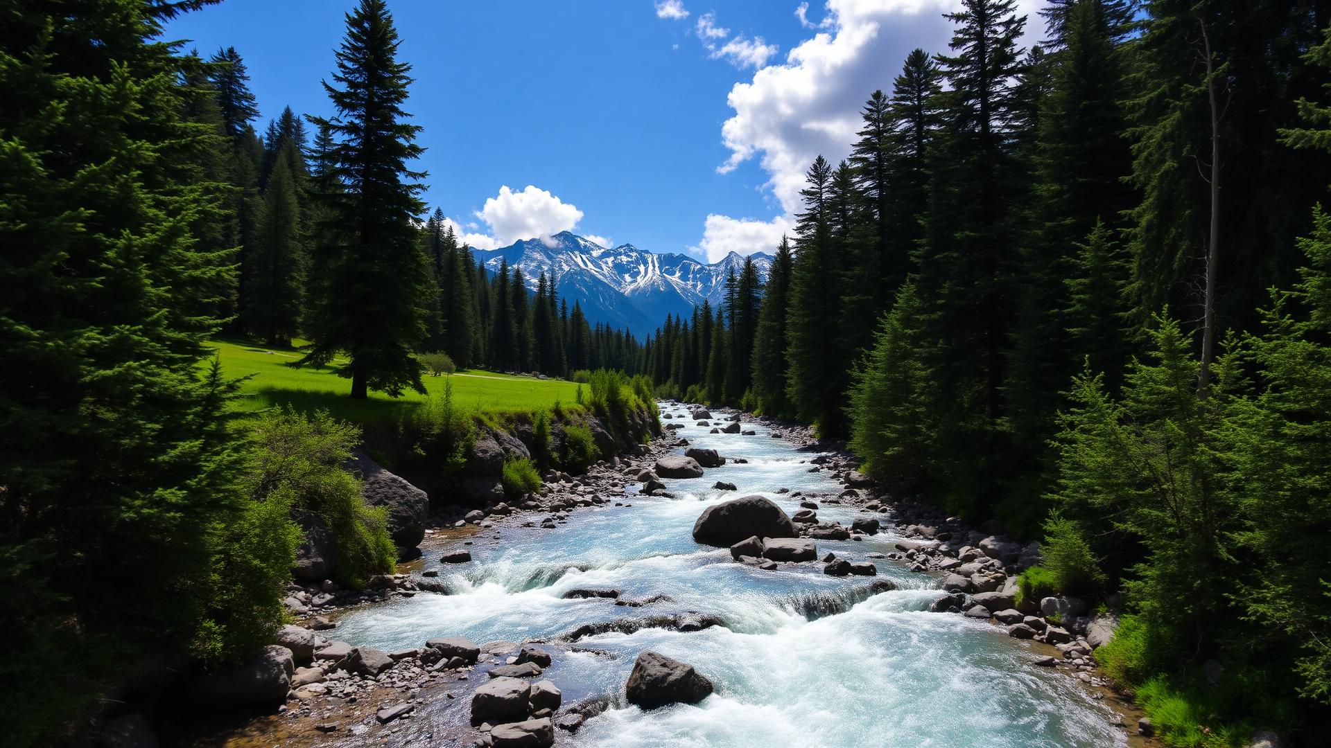 Alpine river running through cedar pine forest in Kumrat Valley, KPK