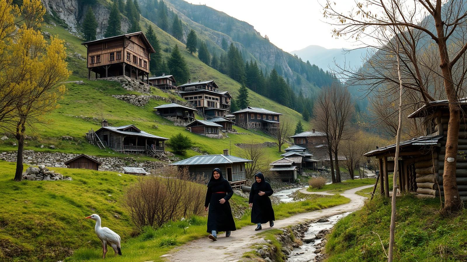 Kalash Valley with traditional Kalash homes and Hindukush mountains