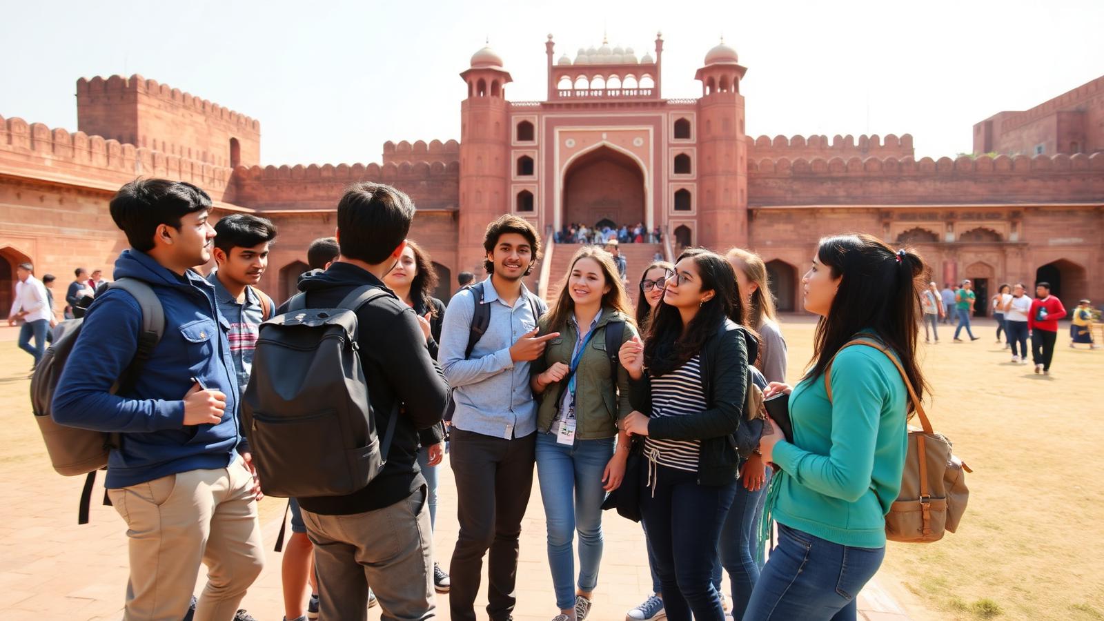 University student group exploring red sandstone Mughal architecture at Lahore Fort with a guide