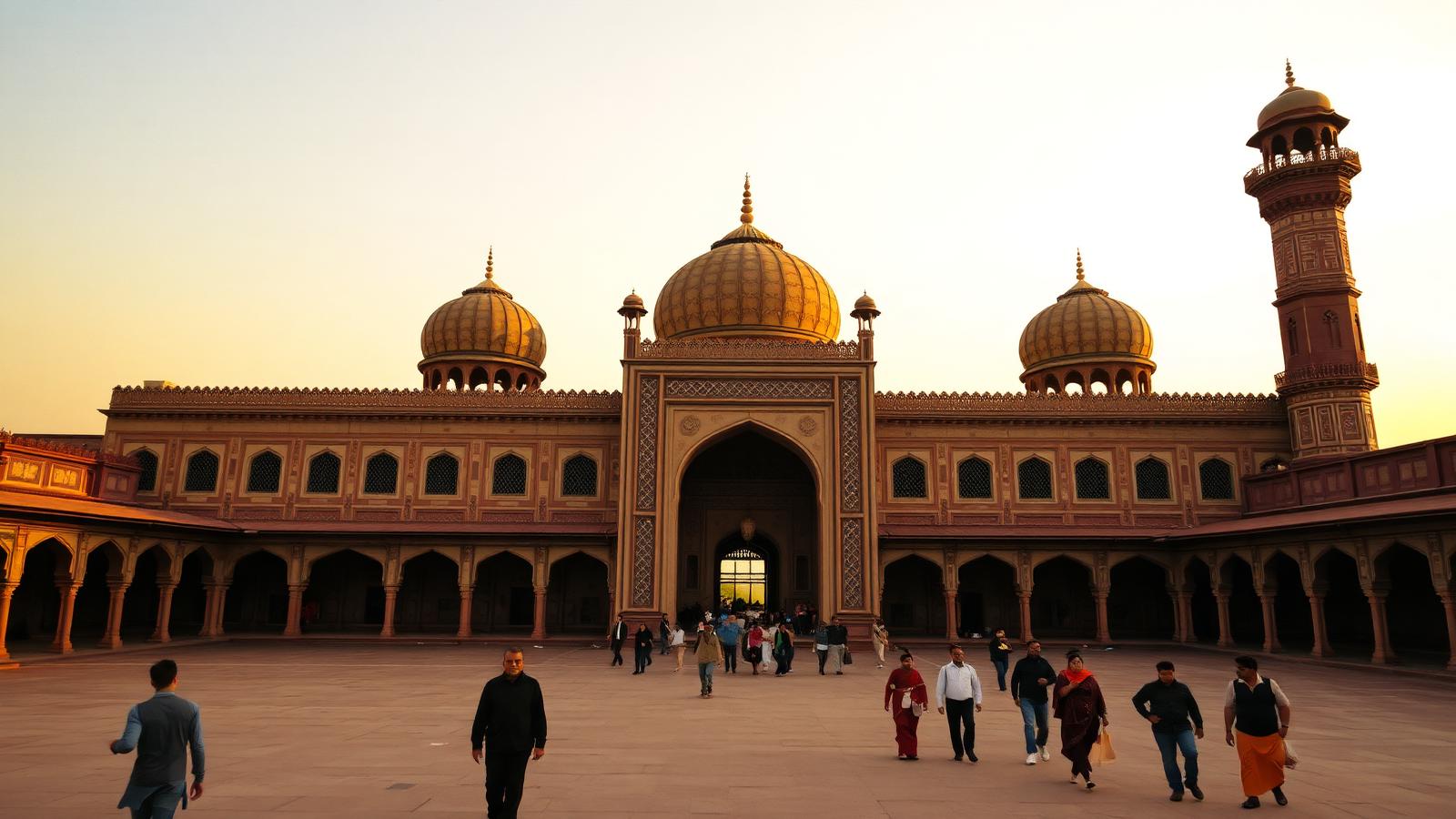 Golden hour view of Badshahi Mosque Lahore with visitors walking through the courtyard