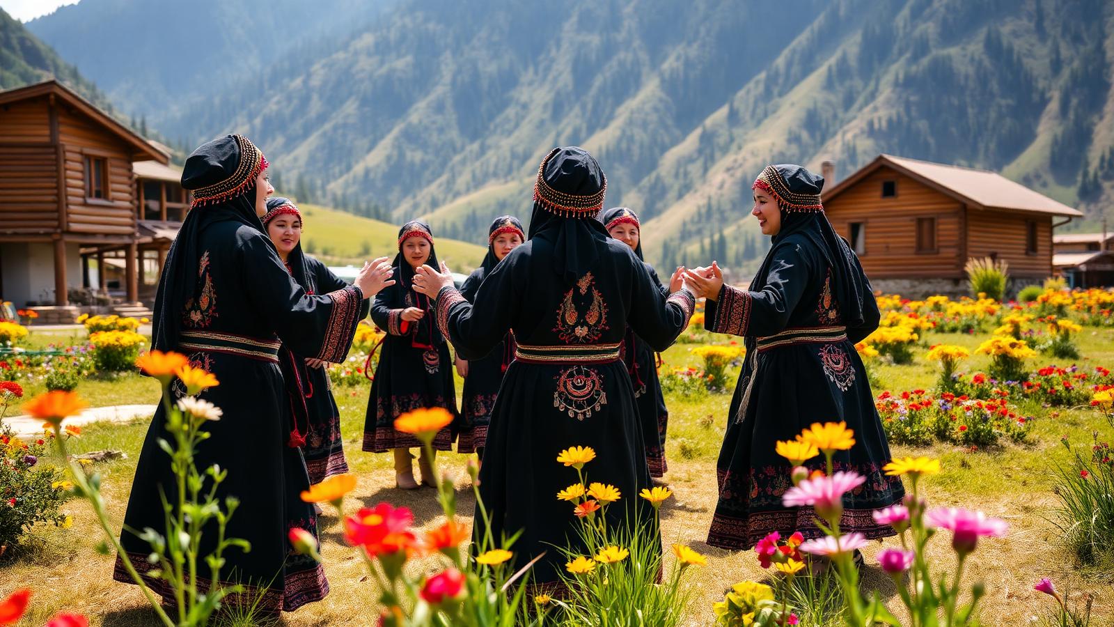 Kalash women in traditional embroidered black robes dancing during a spring festival in a flowered valley