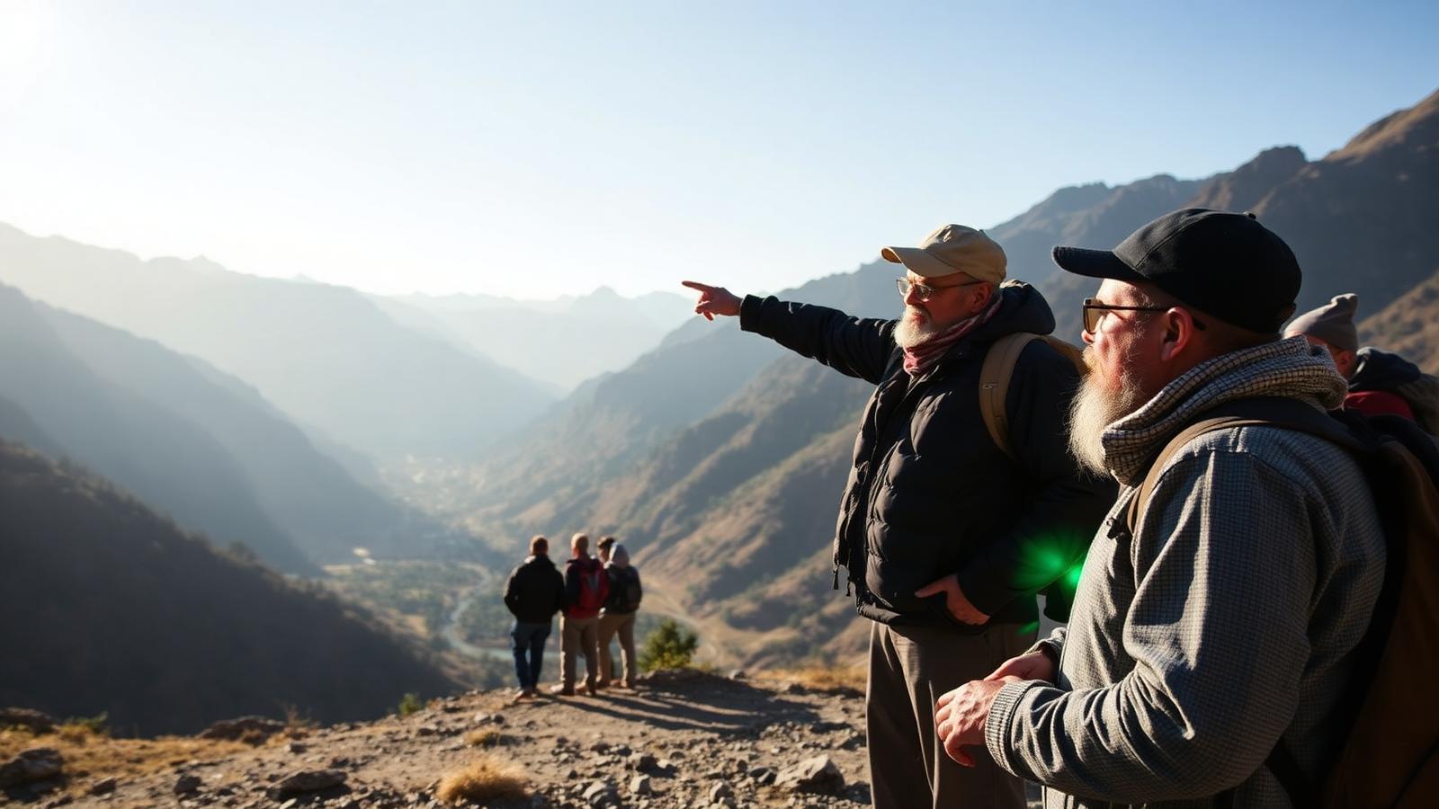 Travel guide support in Pakistan with local guide and travelers in mountain valley