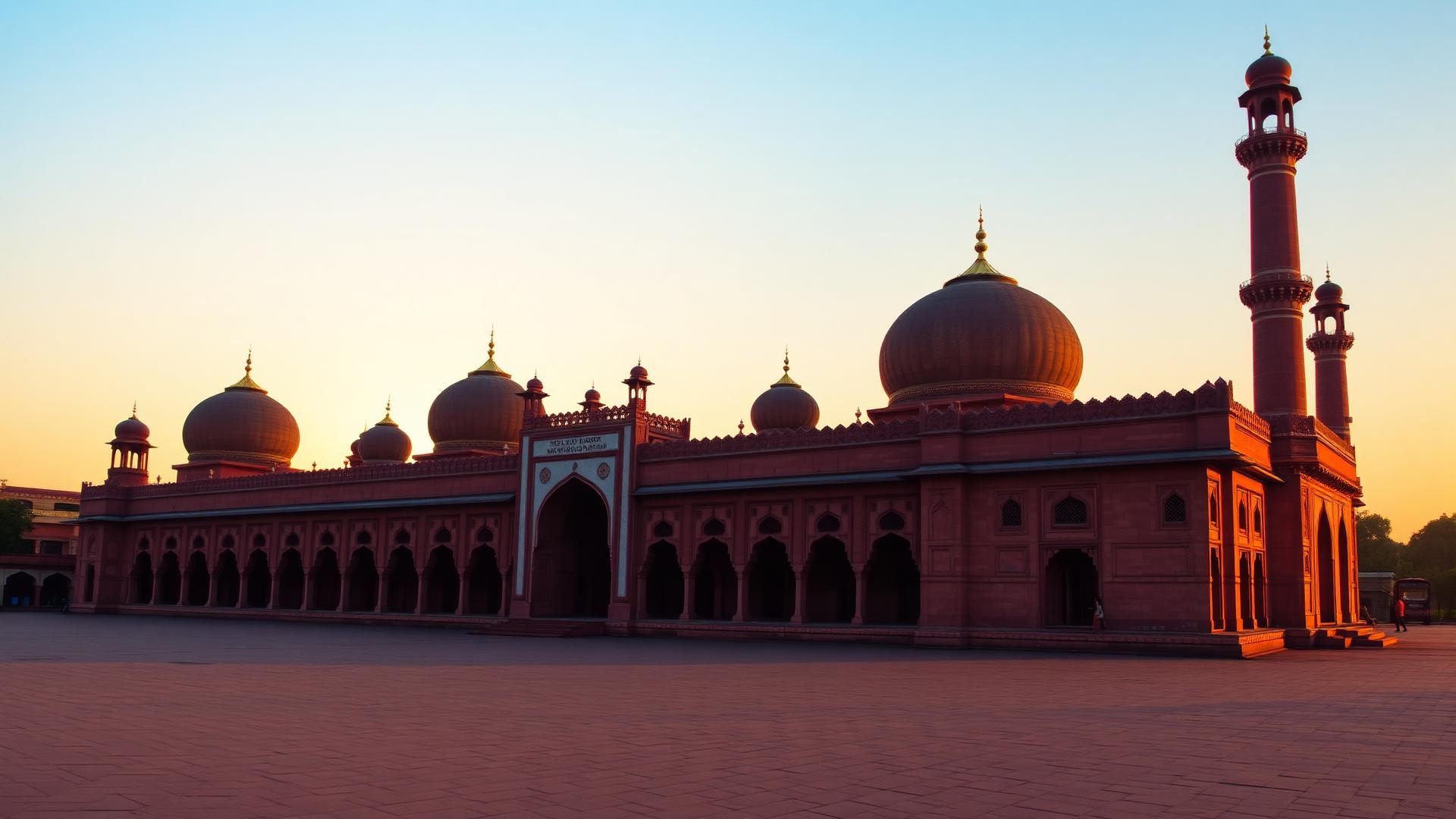 Badshahi Mosque Lahore at sunset with red Mughal sandstone domes and minarets