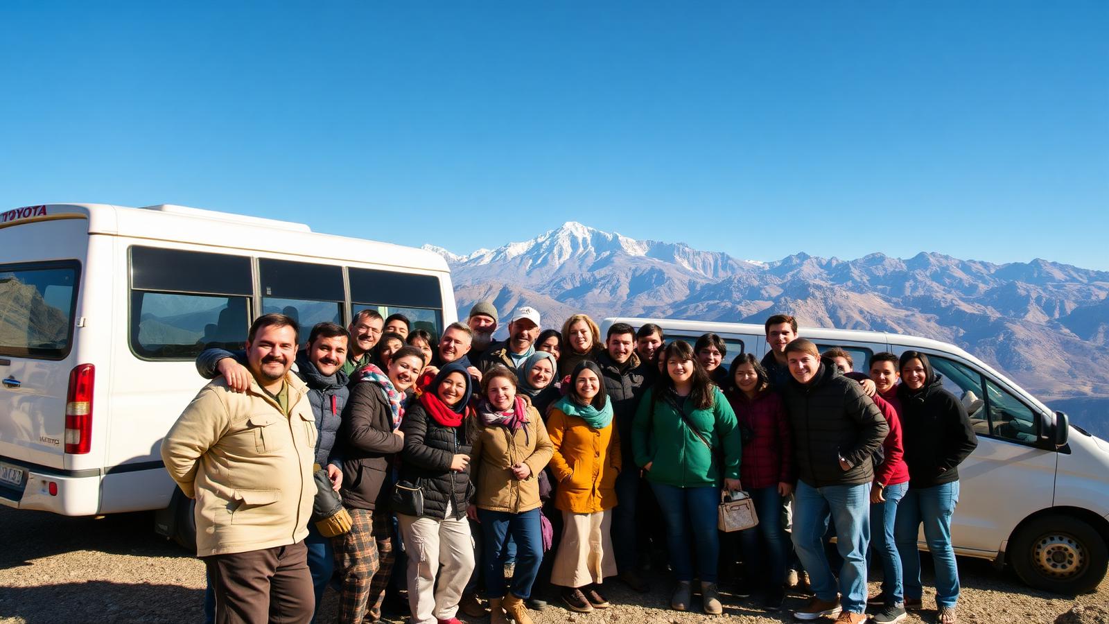 Group of travelers smiling beside a Toyota Coaster at a Karakoram mountain viewpoint