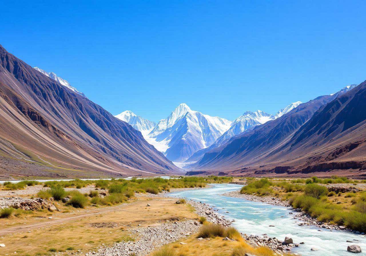 Bright summer Karakoram valley with river and snow peaks in northern Pakistan