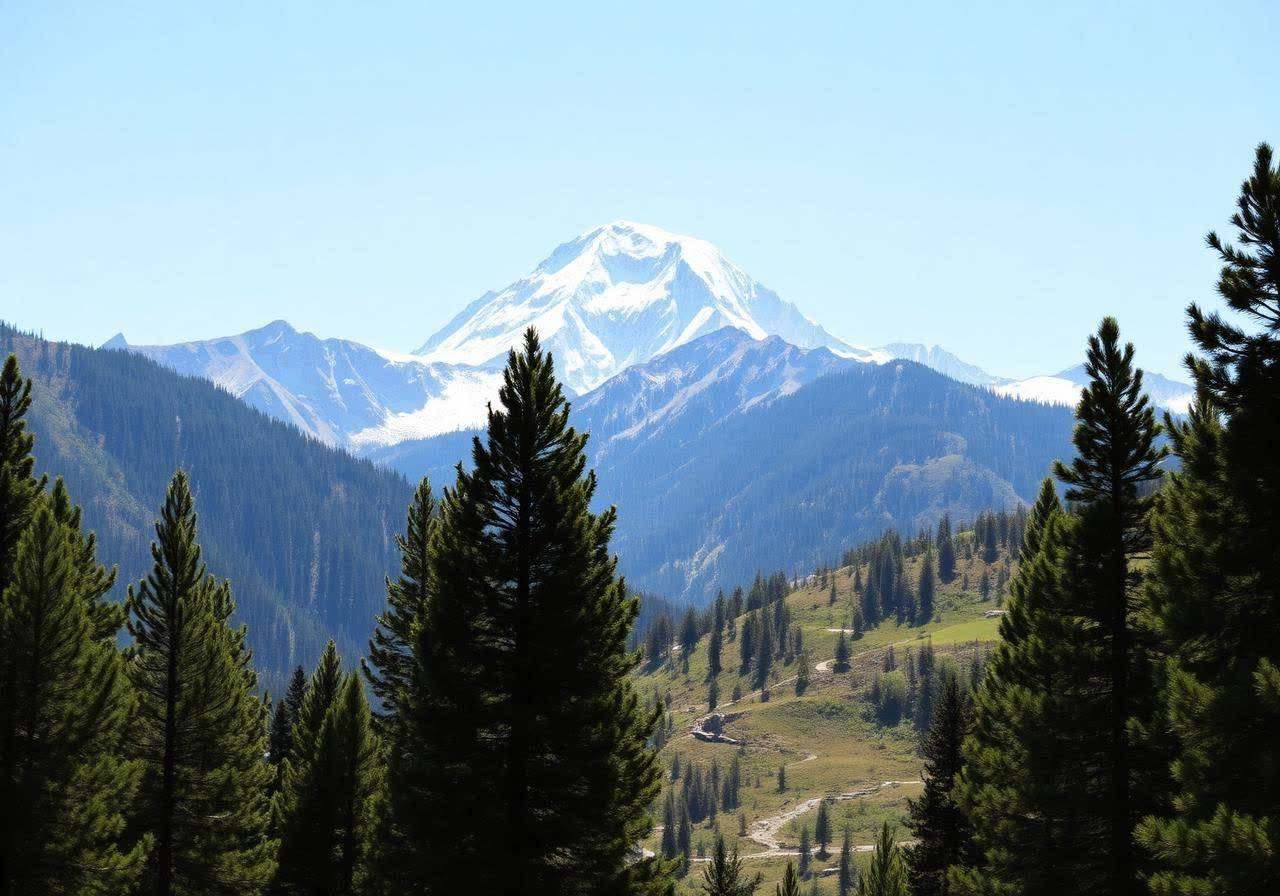 Nanga Parbat viewed from Fairy Meadows with pine forest in the Pakistani Himalaya