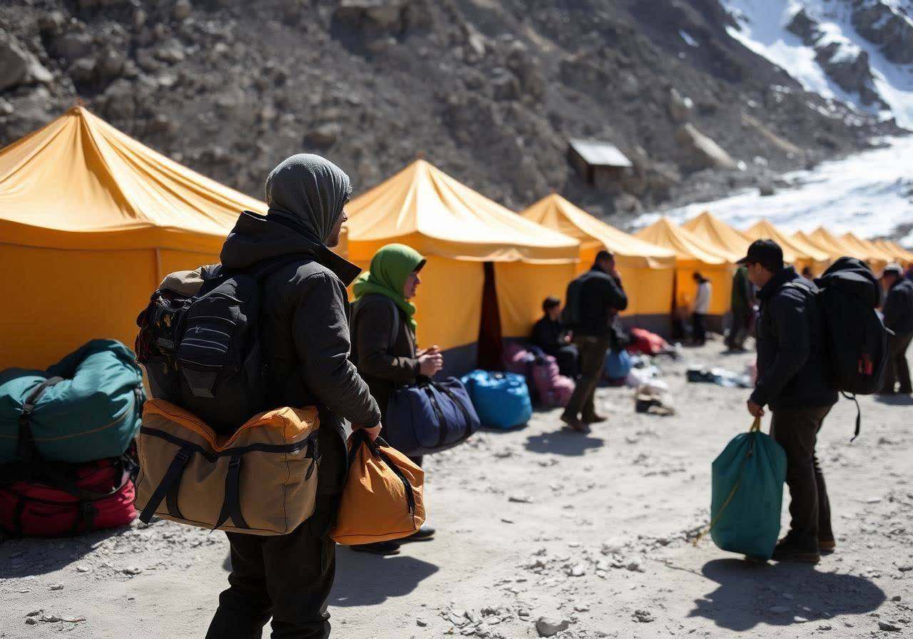 Trekking group with duffel bags at a Karakoram base camp in Pakistan