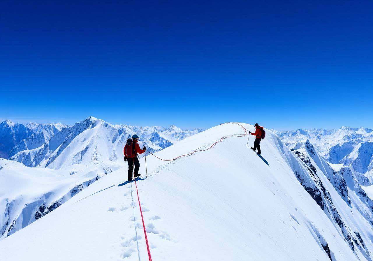 Roped climbers on a snowy Karakoram ridge in Pakistan seen from a distance