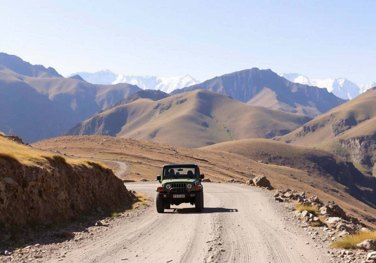 Jeep on a rugged Hindukush mountain road near Shandur Pass in northern Pakistan
