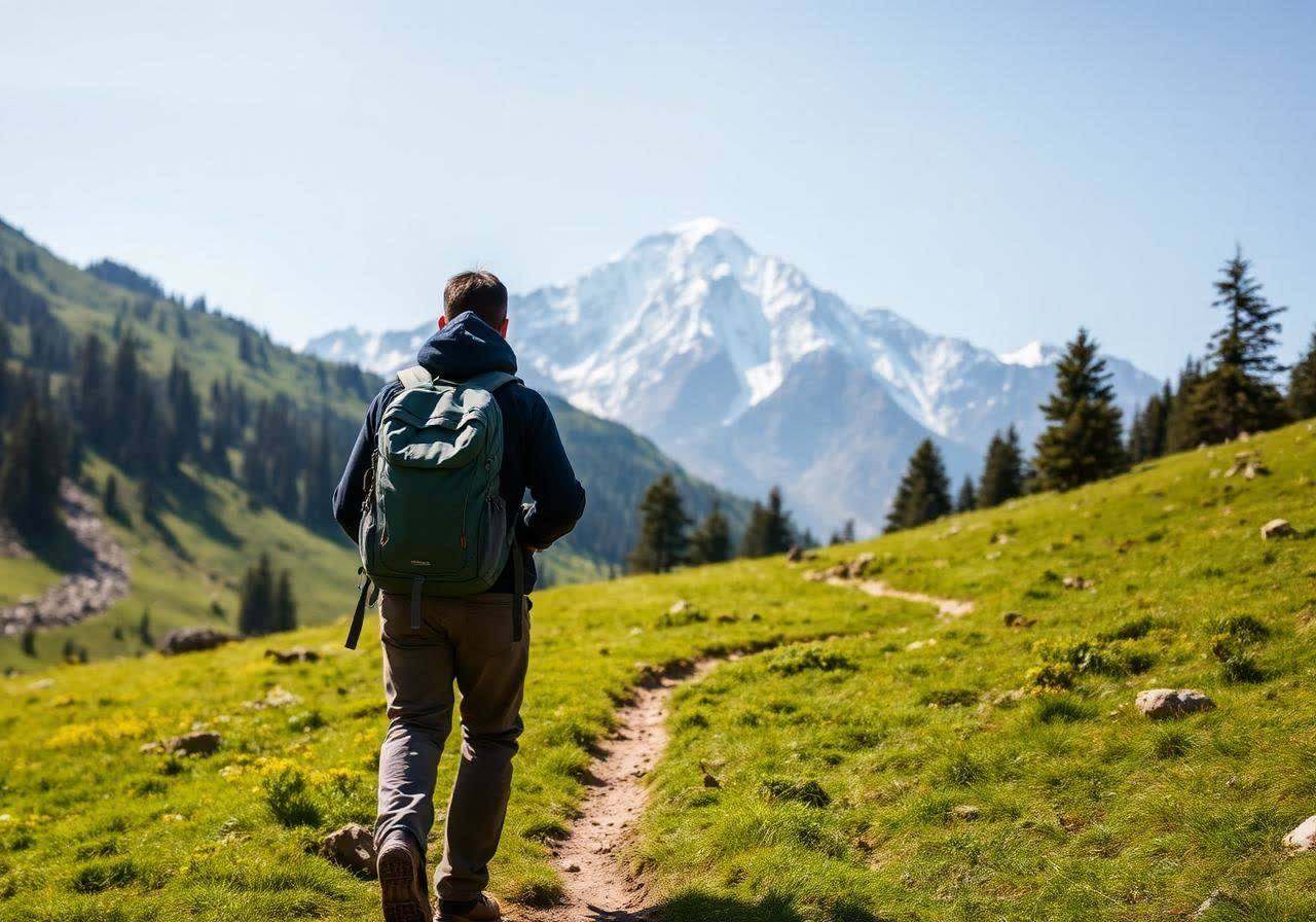 Trekker seen from behind on a green Himalayan meadow trail toward Nanga Parbat