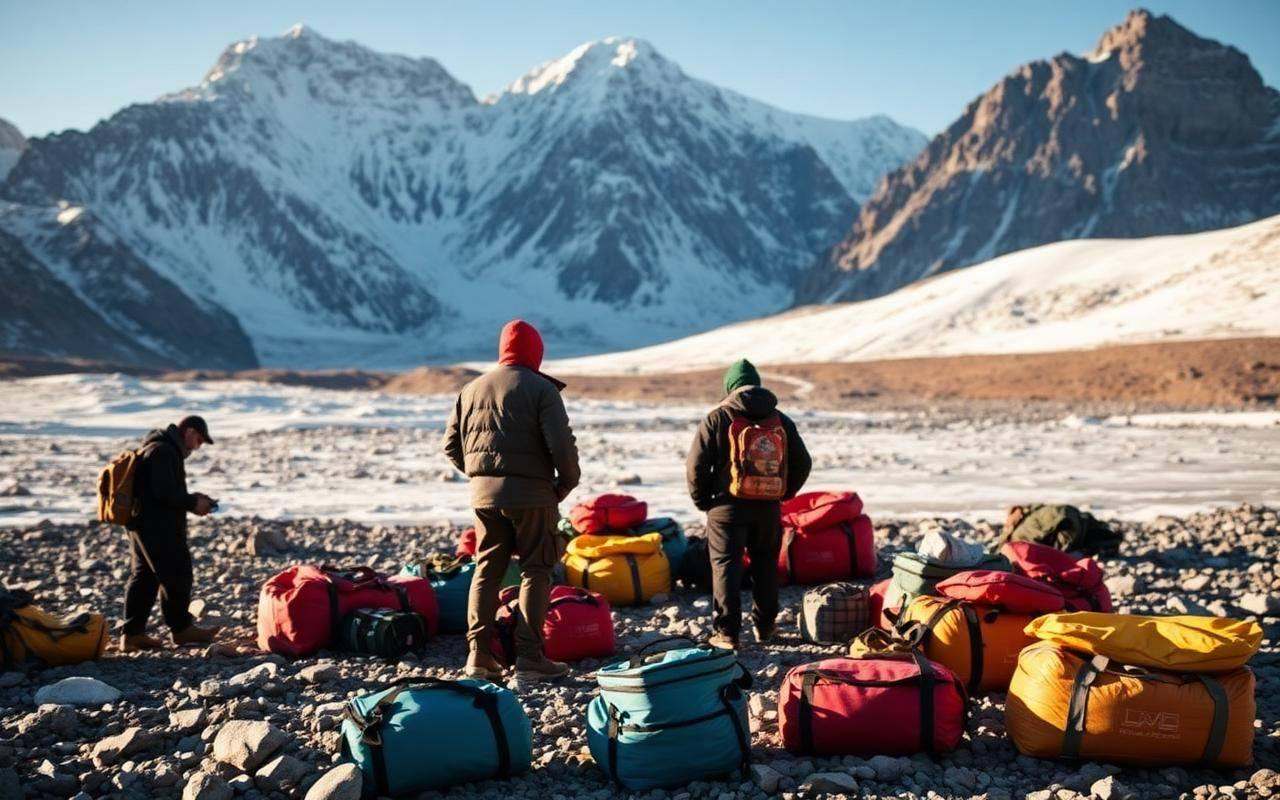 Porters organising loads at a Karakoram base camp
