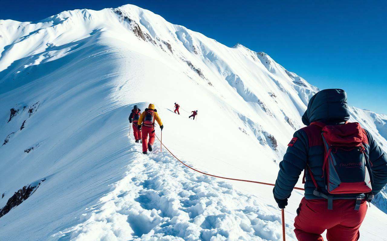 Roped climbers ascending a snow slope on K2 route