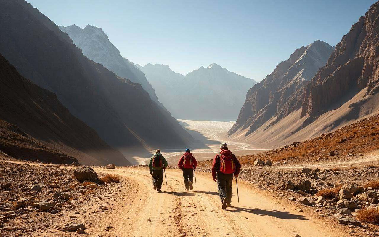 Trekkers approaching K2 Base Camp through the Baltoro Glacier