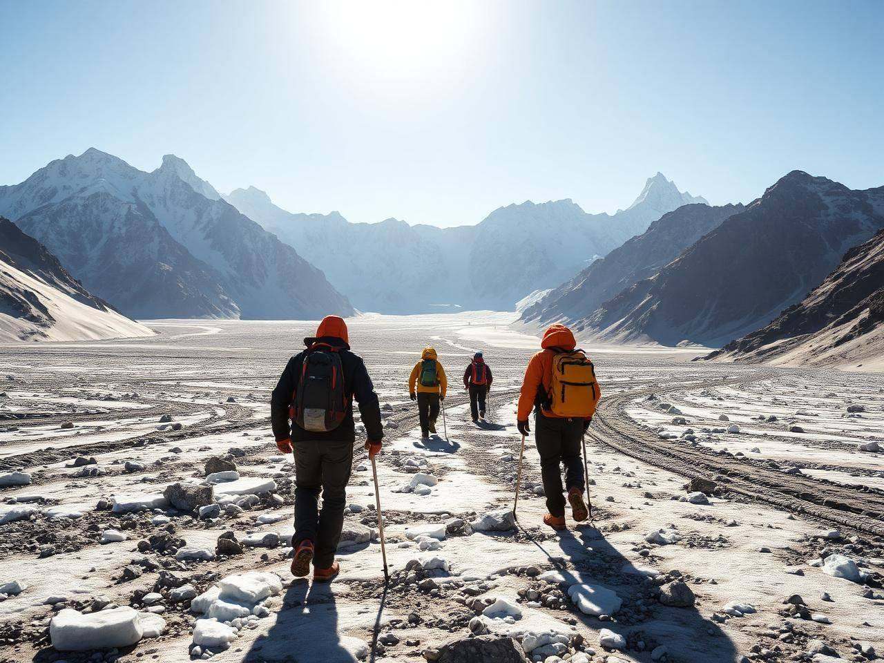 Expedition team approaching remote Panmah Muztagh terrain