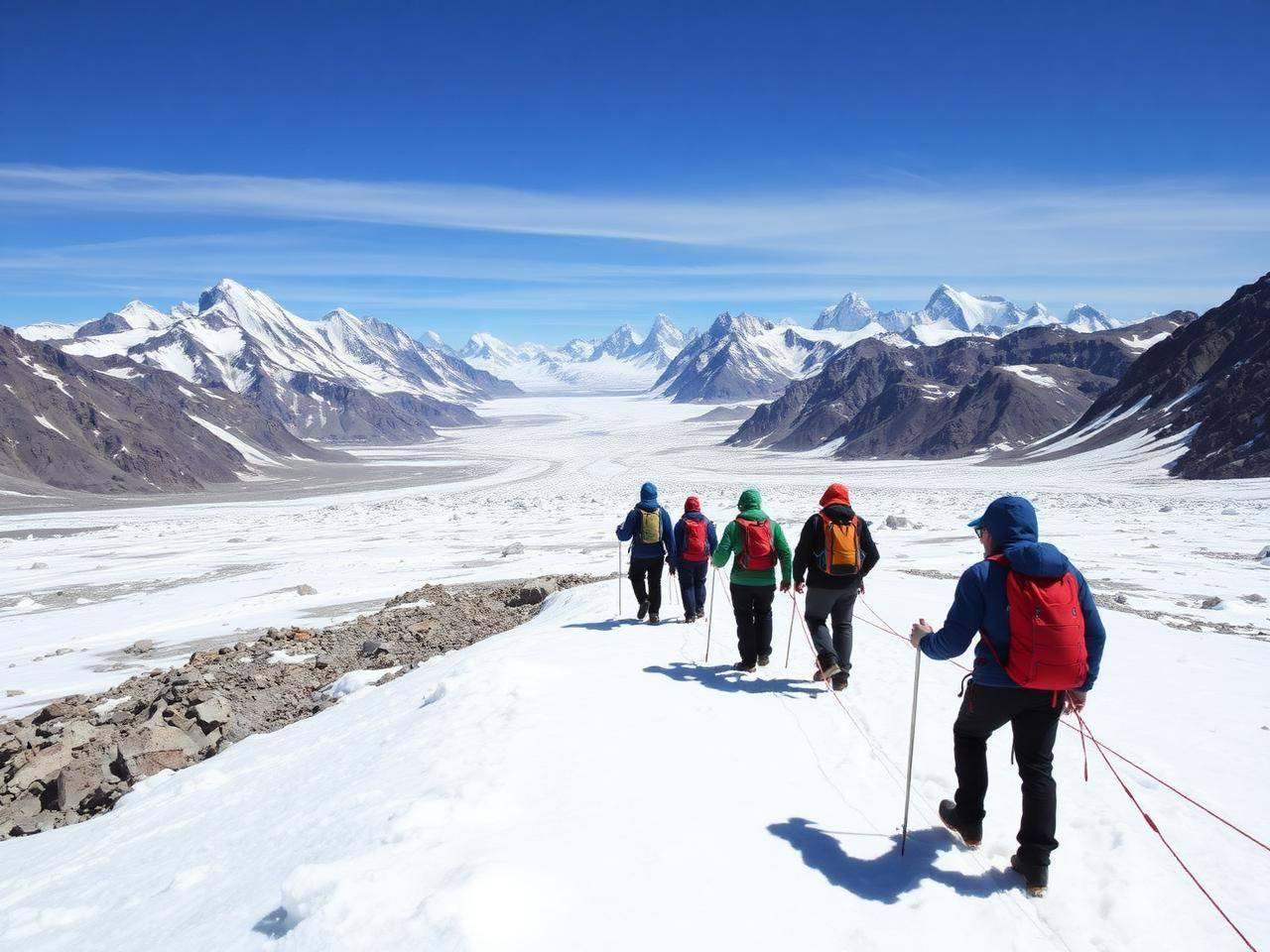 Trekkers crossing remote Hispar Muztagh mountain terrain