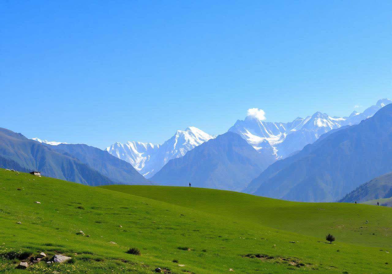Clear summer mountain landscape in northern Pakistan with green meadows and snow peaks
