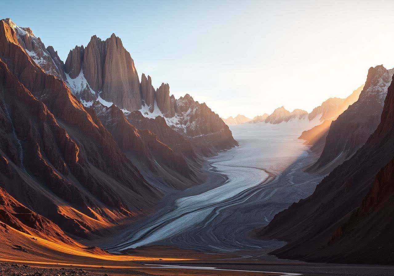Dramatic Karakoram granite spires above a wide glacier in Pakistan