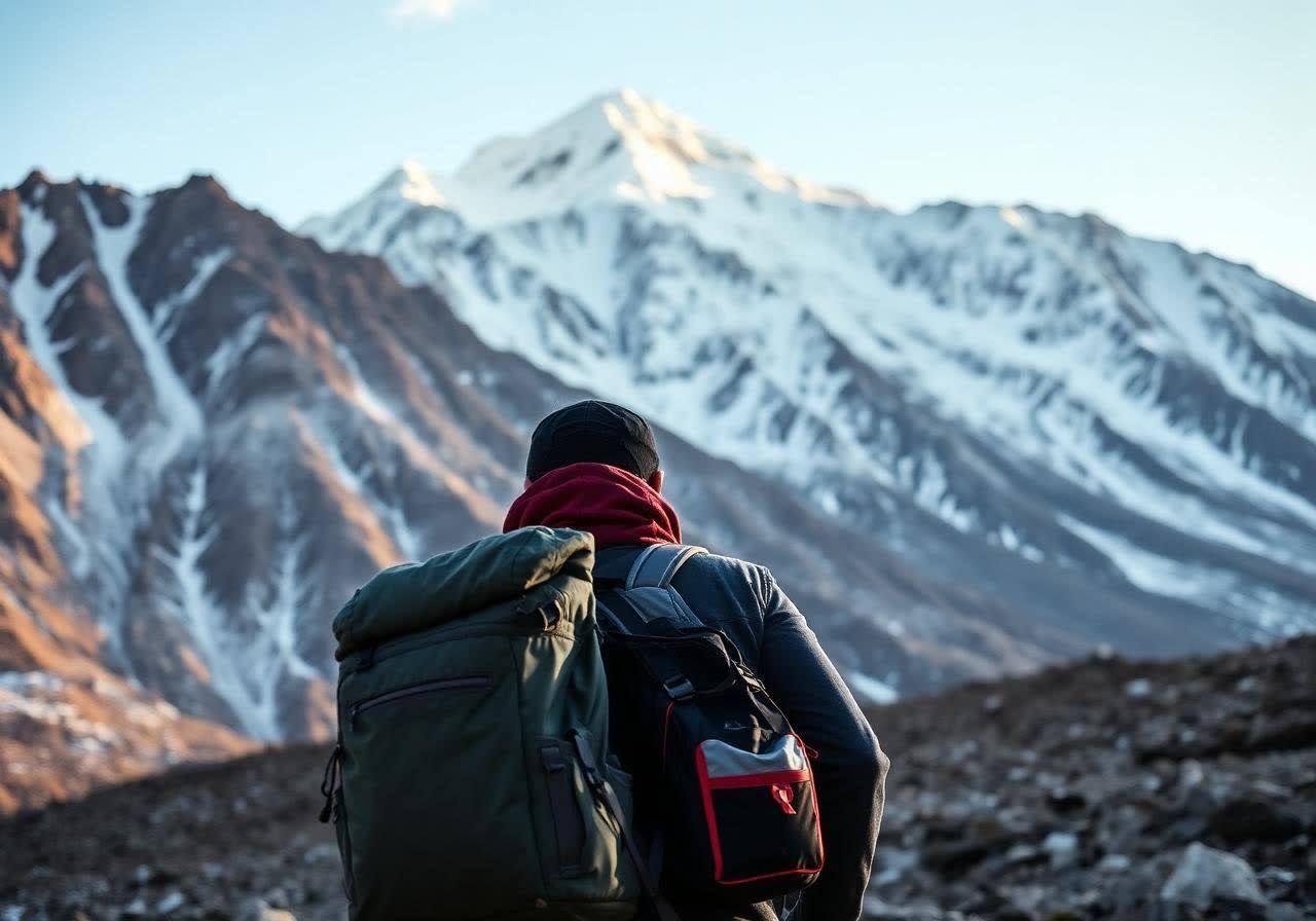 Fit trekker seen from behind looking at a snow trekking peak in Pakistan