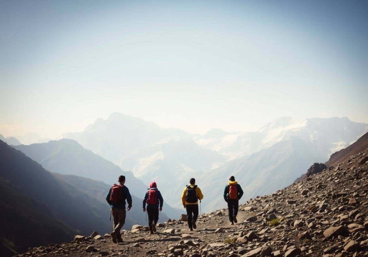 Trekkers walking away on a Karakoram trail toward snow peaks in Pakistan